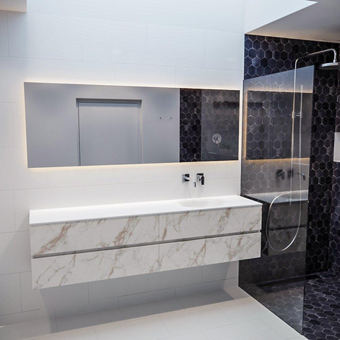 ENSEMBLE DE MEUBLE MONDIAZ VICA - 200 cm - 4 tiroirs - lavabo Moon à droite - 0 trous de robinet - solid surface marbre carrara SW410353