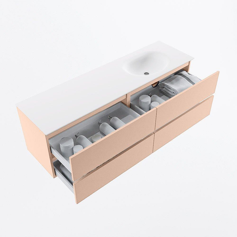 MONDIAZ Vica Ensemble meuble de salle de bains - 160cm - meuble bas rosee - 4 tiroirs - vasque moon à droite - 1 trou de robinet - version haute 60cm - talc SW1080394