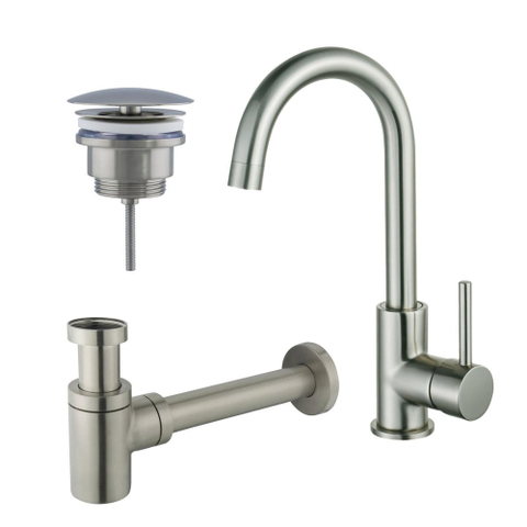 Fortifura Calvi Wastafelkraanset - hoge wastafelkraan - draaibare - uitloop - always open plug - verlaagde design - sifon - PVD - geborsteld RVS SW891940
