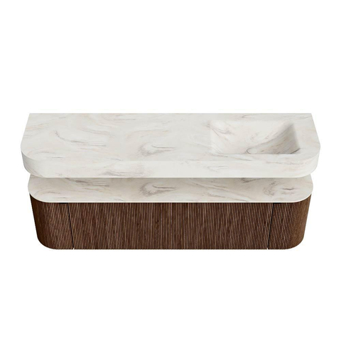 MONDIAZ THOR-DLUX 170cm meuble de salle de bains arrondi gauche + droite couleur Walnut avec 1 tiroir et 2 portes. Vasque suspendue CLOUD Droite 1 trou de robinet couleur Ostra. SW1465598