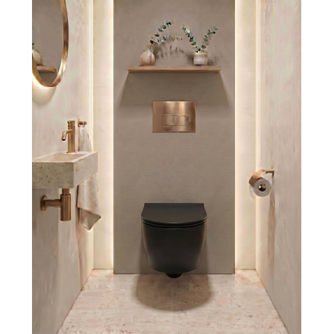 QeramiQ Dely Swirl Toiletset - inbouwreservoir Qeramiq Flush - slim zitting - metaal koperen bedieningsplaat - rechthoekige knoppen - mat zwart SW1578316