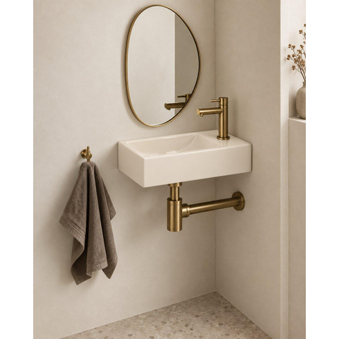 Saniclass Fuente pack lave-mains – rectangulaire – 40 x 22 x 10 cm – Solid Surface beige – robinet doré brossé SW1587195