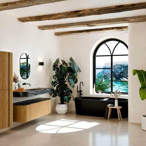 MONDIAZ THOR-DLUX 140cm meuble de salle de bains arrondi gauche + droite couleur Oak avec 1 tiroir et 2 portes. Vasque suspendue CLOUD Centre sans trou de robinet couleur Lava. SW1463905