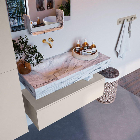 Mondiaz ALAN-DLUX Ensemble de meuble - 100cm - meuble Linen mat - 1 tiroir - Lavabo Cloud Glace suspendu - vasque Gauche - 0 trous de robinet SW806003