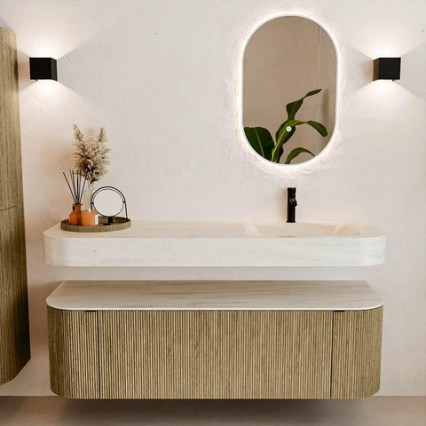 MONDIAZ THOR-DLUX 150cm meuble de salle de bains arrondi gauche + droite couleur Dusk avec 1 tiroir et 2 portes. Vasque suspendue CLOUD Droite 1 trou de robinet couleur Meli. SW1464766