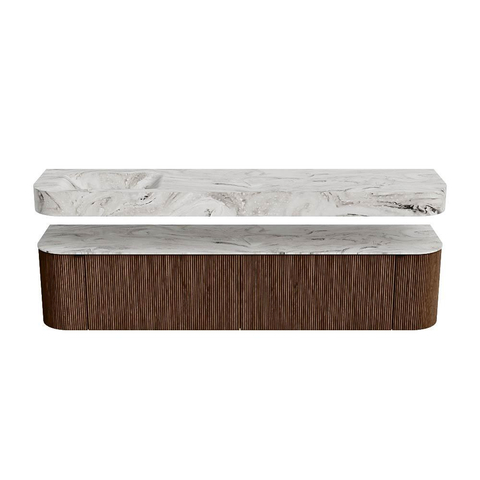 MONDIAZ THOR-DLUX 200cm badmeubel ronding links + rechts kleur Walnut met 2 lades en 2 deuren. Vrijhangende wastafel CLOUD Links zonder kraangat kleur Glace. SW1466988