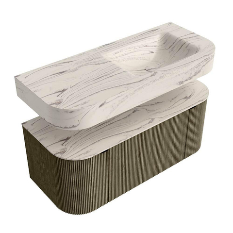 MONDIAZ THOR-DLUX 110cm badmeubel ronding links + rechts kleur Shadow met 1 lade en 2 deuren. Vrijhangende wastafel CLOUD Rechts zonder kraangat kleur Nata. SW1462957