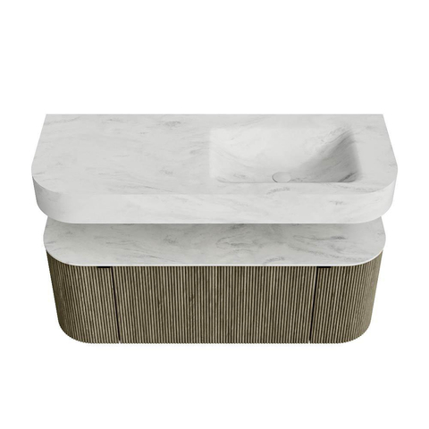 MONDIAZ THOR-DLUX 120cm meuble de salle de bains arrondi gauche + droite couleur Shadow avec 1 tiroir et 2 portes. Vasque suspendue CLOUD Droite sans trou de robinet couleur Opalo. SW1463164