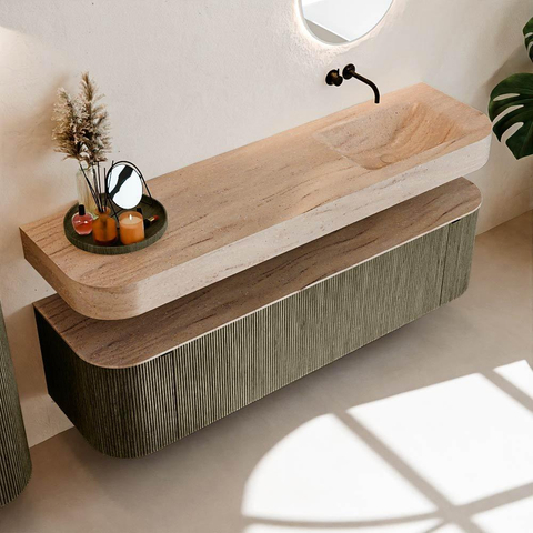 MONDIAZ THOR-DLUX Meuble de salle de bains 170cm arrondi gauche + droite couleur Shadow avec 1 tiroir et 2 portes. Vasque suspendue CLOUD Droite sans trou de robinet couleur Saba. SW1465737