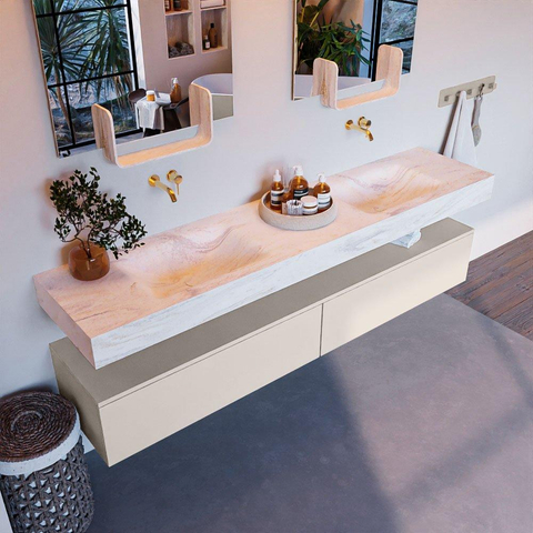 Mondiaz ALAN-DLUX Ensemble de meuble - 200cm - meuble Linen mat - 2 tiroirs - Lavabo Cloud Ostra suspendu - vasque gauche et droite - 0 trous de robinet SW807368