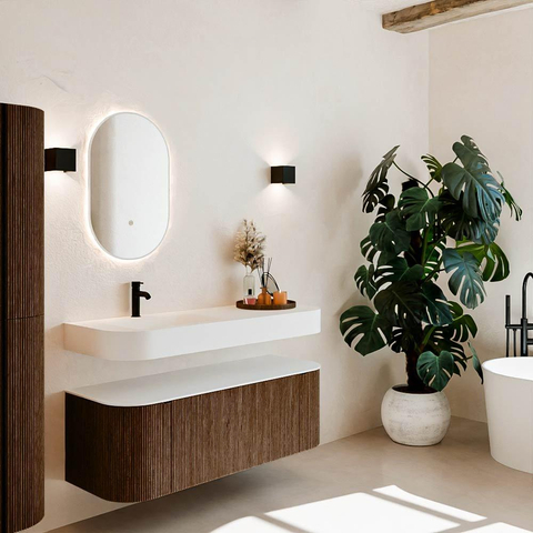 MONDIAZ THOR 130cm meuble de salle de bains arrondi gauche + droite couleur Walnut avec 1 tiroir et 2 portes. Vasque suspendue CLOUD gauche 1 trou de robinet couleur Talc. SW1463574