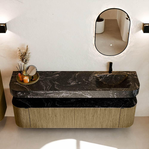 MONDIAZ THOR-DLUX 180cm meuble de salle de bains arrondi gauche + droite couleur Dusk avec 2 tiroirs et 2 portes. Vasque suspendue CLOUD Droite 1 trou de robinet couleur Lava. SW1466002