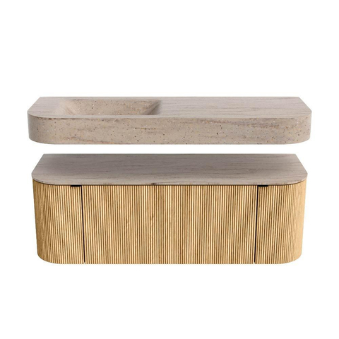MONDIAZ THOR-DLUX 130cm badmeubel ronding links + rechts kleur Oak met 1 lade en 2 deuren. Vrijhangende wastafel CLOUD Links zonder kraangat kleur Saba. SW1464036