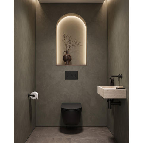 QeramiQ Dely Toiletset - 36.3x51.7cm - diepspoel - rimless - Geberit UP320 inbouwreservoir - softclose toilet zitting - 35mm - kunststof mat zwarte bedieningsplaat - ronde knoppen - mat zwart SW1235426