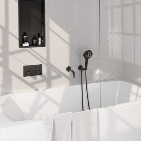 BRAUER Black Carving mitigeur de baignoire encastré thermostatique - boutons-poussoirs SET 04 - bec verseur - douchette 3 jets - flexible de douche - coude d'alimentation mural - noir mat SW925385
