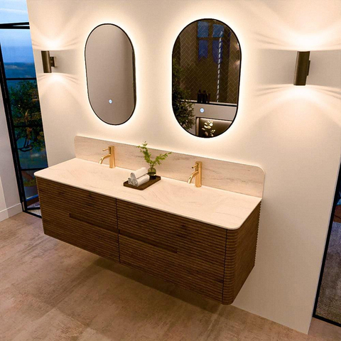 Mondiaz CIRO-DLUX Badkamermeubelset - 160x45x50cm - Solid surface wastafel Meli - 2 wasbak Dubbel - 2 kraangaten - 4 lades - Dusk SW1533173