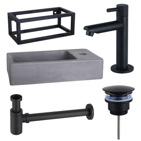 FugaFlow Eccelente Pietra ensemble de lavabo - 40x22x23,5cm - 1 trou de robinet - cadre noir - robinet de lavabo noir mat - béton SW1469202