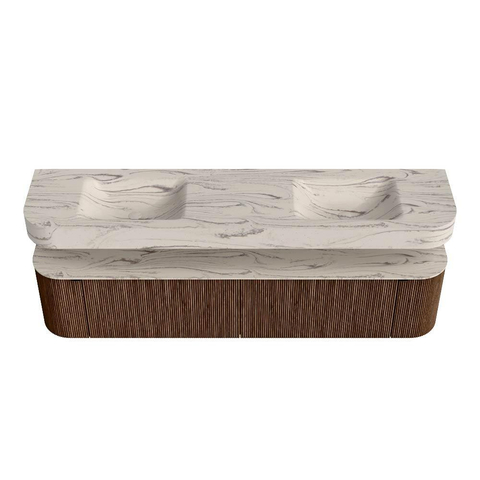 MONDIAZ THOR-DLUX 200cm badmeubel ronding links + rechts kleur Walnut met 2 lades en 2 deuren. Vrijhangende wastafel CLOUD Dubbel 2 kraangaten kleur Nata. SW1467169