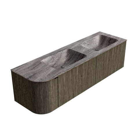 MONDIAZ KURVE-DLUX 155cm meuble de salle de bains arrondi à gauche couleur Shadow avec 2 tiroirs et 1 porte. Lavabo LEAF Double / Droite sans trou de robinet Oza. SW1432918