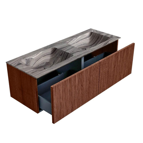 MONDIAZ KURVE-DLUX Meuble de salle de bains 130cm couleur Ruby avec 2 tiroirs et 0 portes. Lavabo LEAF Double 2 trous de robinet Sombra. SW1433990