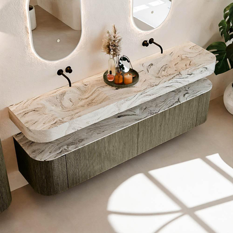 MONDIAZ THOR-DLUX Meuble de salle de bains - 200cm - arrondi gauche + droite - couleur Shadow - 2 tiroirs et 2 portes - Vasque suspendue CLOUD Double sans trou de robinet - couleur Glace SW1467024