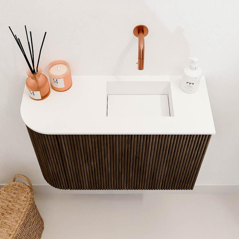 Mondiaz JOYA 61.6cm toiletmeubel - ronding links kleur Walnut - Wastafel FAYE positie Rechts Zonder kraangat kleur Talc. SW1421281