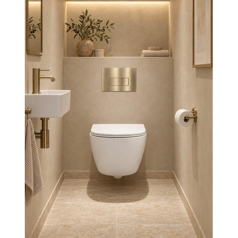 QeramiQ Dely Swirl Compact Toiletset - inbouwreservoir QeramiQ flush - slim zitting - metalen bedieningsplaat messing geborsteld (goud) - rechthoekige knoppen - glans wit SW1590506