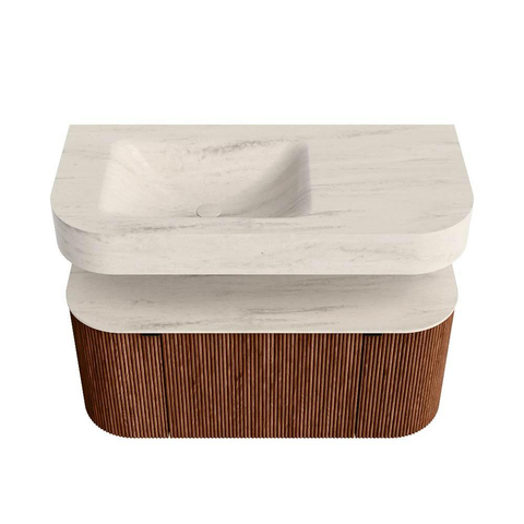 MONDIAZ THOR-DLUX 100cm meuble de salle de bains arrondi gauche + droite couleur Ruby avec 1 tiroir et 2 portes. Vasque suspendue CLOUD Gauche sans trou de robinet couleur Meli. SW1467484
