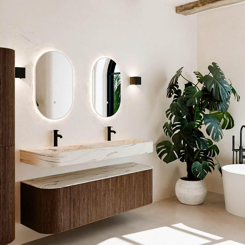 MONDIAZ THOR-DLUX 150cm meuble de salle de bains arrondi gauche + droite couleur Walnut avec 1 tiroir et 2 portes. Vasque suspendue CLOUD Double 2 trous de robinet couleur Nata. SW1464805