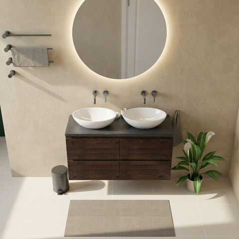 Saniclass Holz Atelier Ensemble meuble de salle de bains - 120x45x63cm - vasque en basalte Noche polie - 1 vasque - sans trou de robinet - 2 tiroirs - chêne charbon mat (bois) SW1478569
