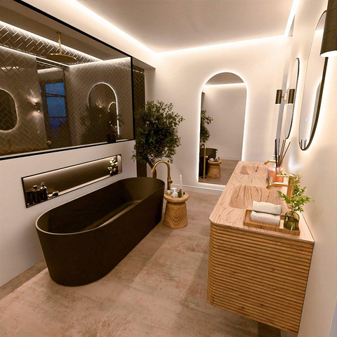 Mondiaz CIRO-DLUX Meuble de salle de bains - 180x45x50cm - Plan-vasque solid surface Arena - 2 vasques Double - 2 perçages de robinetterie - 4 tiroirs - Chêne SW1531369