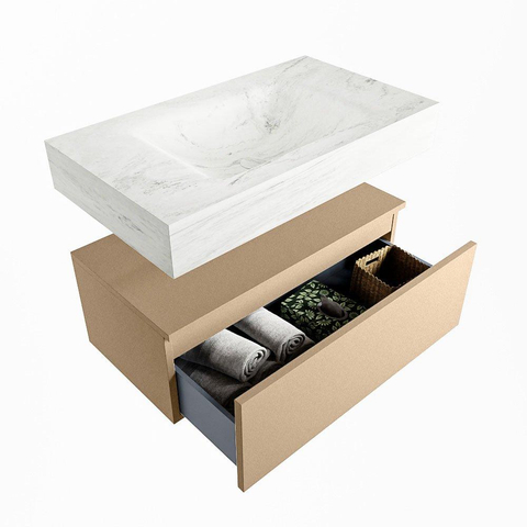 Mondiaz ALAN-DLUX Ensemble de meuble - 80cm - meuble Oro mat - 1 tiroir - Lavabo Cloud Opalo suspendu - vasque Centre - 1 trou de robinet SW807050