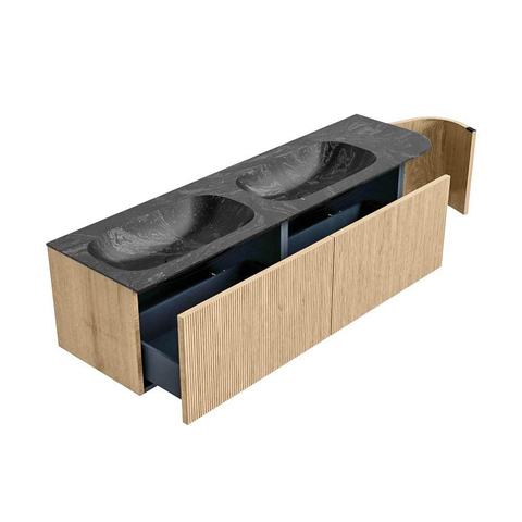 MONDIAZ KURVE-DLUX meuble de salle de bains 165cm avec module 25 R couleur Oak avec 2 tiroirs et 1 porte. Lavabo STOR SMALL double / gauche sans trou de robinet couleur Lava. SW1137174