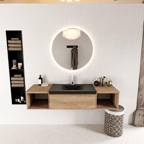 MONDIAZ BUKLA 160cm ensemble de meuble avec module ouvert 40 L+R couleur Chêne blanchi avec 1 tiroir. Lavabo CLOUD centre 1 trou de robinet couleur Urbaine. SW1382354