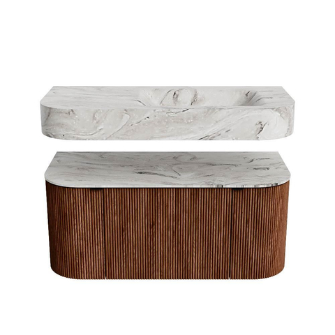 MONDIAZ THOR-DLUX Meuble de salle de bains - 100cm - arrondi gauche + droite - couleur Ruby - 1 tiroir - 2 portes - Vasque suspendue CLOUD droite sans trou de robinet - couleur Glace SW1467415