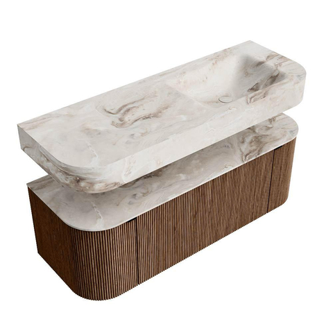 MONDIAZ THOR-DLUX 130cm meuble de salle de bains arrondi gauche + droite couleur Walnut avec 1 tiroir et 2 portes. Vasque suspendue CLOUD Droite sans trou de robinet couleur Frappe. SW1463573