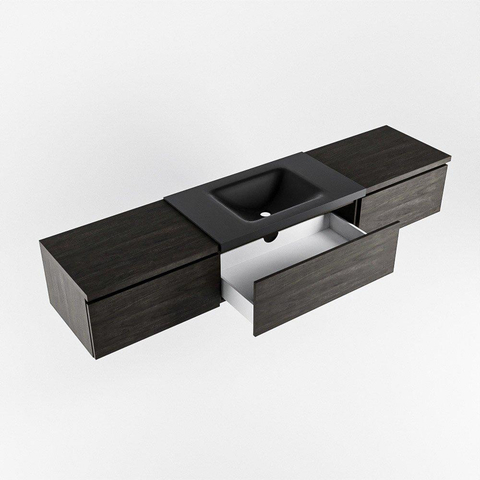 MONDIAZ BUKLA 200cm meuble de salle de bains avec module 60 couleur Dark Brown avec 3 tiroirs. Lavabo CLOUD au milieu 1 trou de robinet couleur Urban. SW1382195