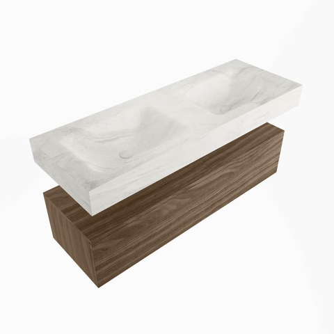 Mondiaz ALAN-DLUX Meuble de salle de bains 130cm sous-meuble Mocha 1 tiroir. Lavabo suspendu CLOUD double 2 trous de robinet, couleur Ostra. SW1176995