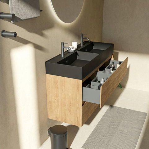 Saniclass Holz Pure Badkamermeubelset - 120x45x72cm - Legend keramische wastafel mat zwart - 2 wasbakken - 2 kraangaten - 4 lades - mat eiken natural (hout) SW1580192