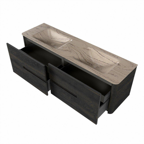 Mondiaz CIRO-DLUX Meuble de salle de bains - 160x45x50cm - Plan vasque solid surface Arena - 2 bacs Double - sans trous de robinetterie - 4 tiroirs - Shadow SW1532369