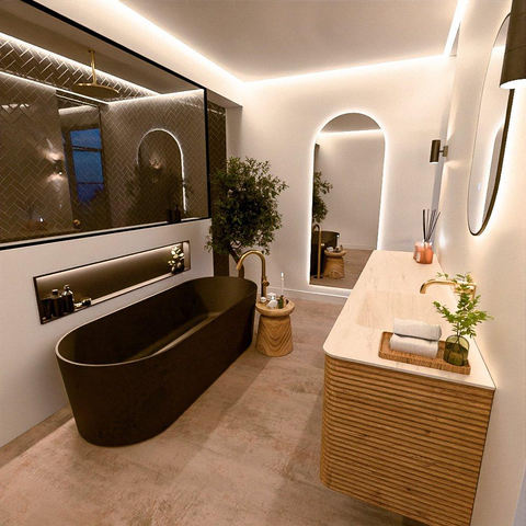 Mondiaz CIRO-DLUX Ensemble de meubles de salle de bains - 190x45x50cm - lavabo solid surface Meli - 1 vasque à droite - sans trous de robinet - 4 tiroirs - Chêne SW1531449