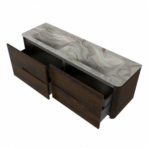 Mondiaz CIRO-DLUX Badkamermeubelset - 150x45x50cm - Solid surface wastafel Glace - 2 wasbak Dubbel - 2 kraangaten - 4 lades - Walnut SW1530140