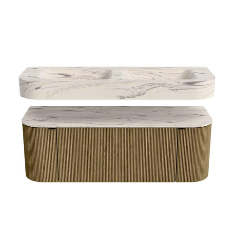 MONDIAZ THOR-DLUX 130cm meuble de salle de bains arrondi gauche + droite couleur Dusk avec 1 tiroir et 2 portes. Vasque suspendue CLOUD Double sans trou de robinet couleur Nata. SW1463880