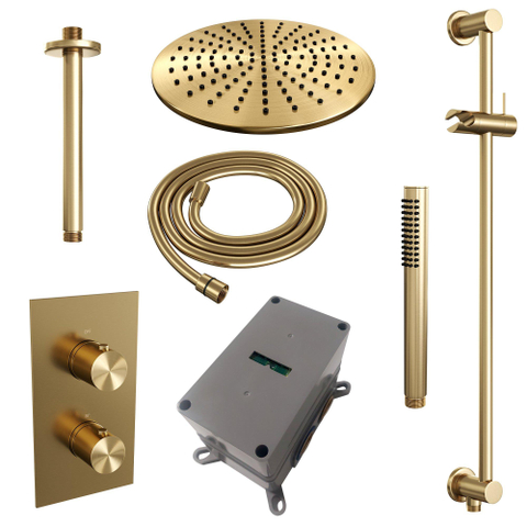 Brauer Gold Edition Ensemble de douche pluie encastré - douche principale 30 cm - 2 fonctions - glissière - incluant partie encastrable - douchette à main 1 fonction - PVD - or brossé SW547698