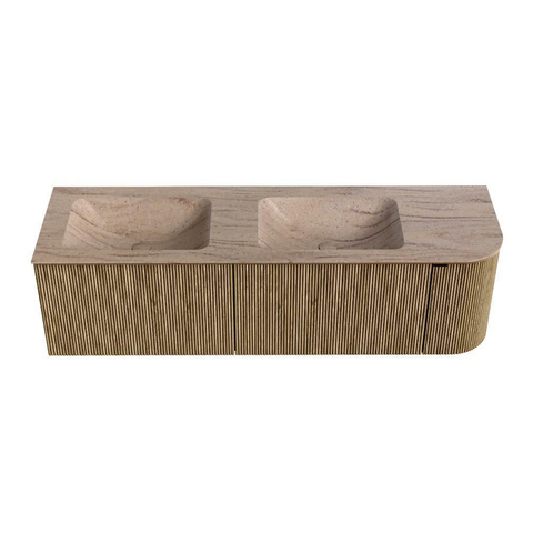 MONDIAZ KURVE-DLUX 155cm badmeubel ronding Rechts kleur Dusk met 2 lades en 1 deur. Wastafel LEAF Dubbel / Links zonder kraangat Saba. SW1433380