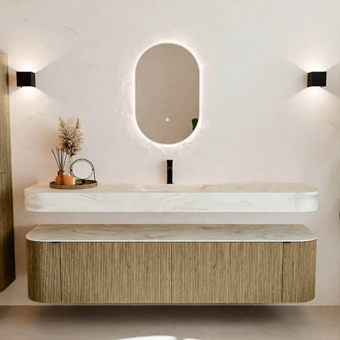 MONDIAZ THOR-DLUX Meuble de salle de bains 190cm arrondi gauche + droite couleur Dusk avec 2 tiroirs et 2 portes. Vasque suspendue CLOUD Milieu 1 trou de robinet couleur Ostra. SW1466489