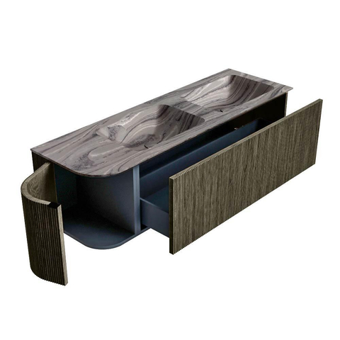 MONDIAZ KURVE-DLUX 145cm badmeubel ronding Links kleur Shadow met 1 lade en 1 deur. Wastafel LEAF Dubbel / Rechts zonder kraangat Sombra. SW1433787