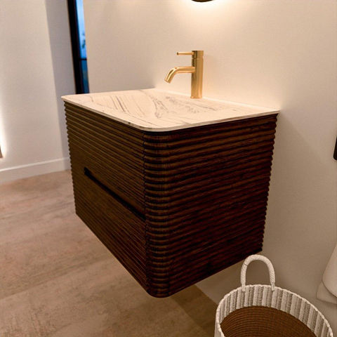 Mondiaz CIRO-DLUX Badkamermeubelset - 70x45x50cm - Solid surface wastafel Nata - 1 wasbak Midden - 1 kraangat - 2 lades - Walnut SW1530538
