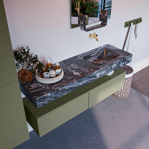 Mondiaz ALAN-DLUX Ensemble de meuble - 150cm - meuble Army mat - 2 tiroirs - Lavabo Cloud Lava suspendu - vasque Droite - 0 trous de robinet SW808640