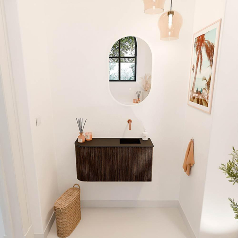 Mondiaz JOYA 81.6cm meuble de toilette - arrondi gauche couleur Walnut - Vasque FAYE position Droite Sans trou de robinet couleur Urban. SW1421351